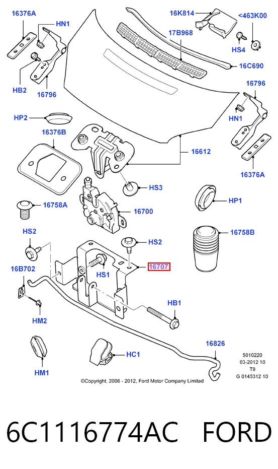 6C1116774AC Ford Кронштейн замку капоту