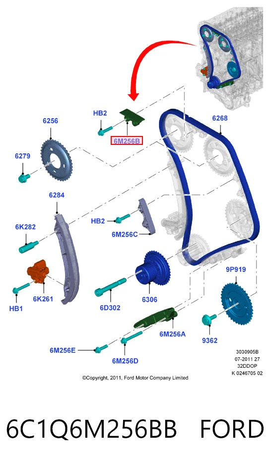 6C1Q6M256BB Ford Заспокоювач ланцюга ГРМ, верхній