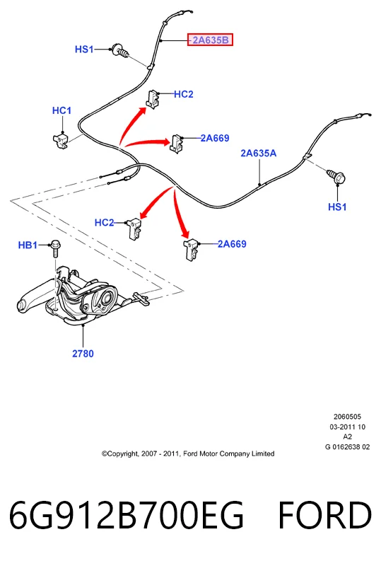 6G912B700EG Ford Трос ручного гальма задній, правий