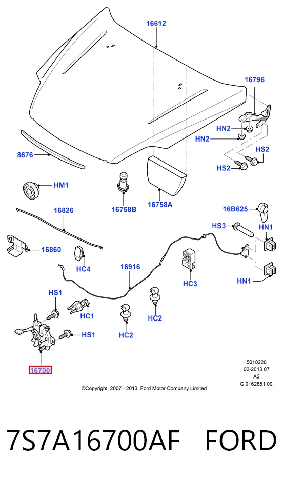 7S7A16700AF Ford Запор капота (замок і привід замка капота)
