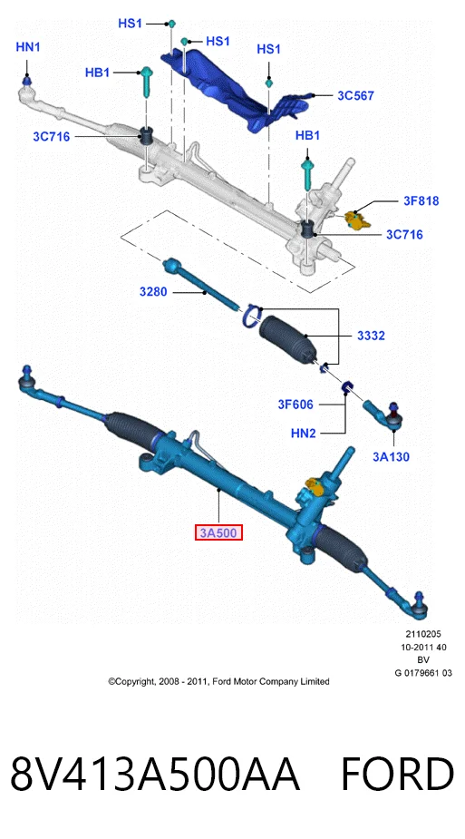 8V413A500AA Ford Рейковий рульовий механізм