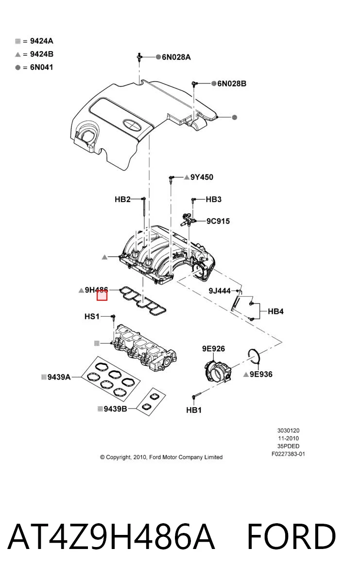 AT4Z9H486A Ford Прокладка впускного колектора, верхня