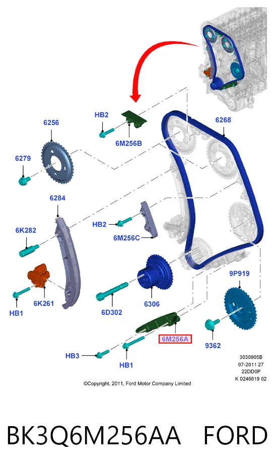 BK3Q6M256AA Ford Заспокоювач ланцюга ГРМ, нижній