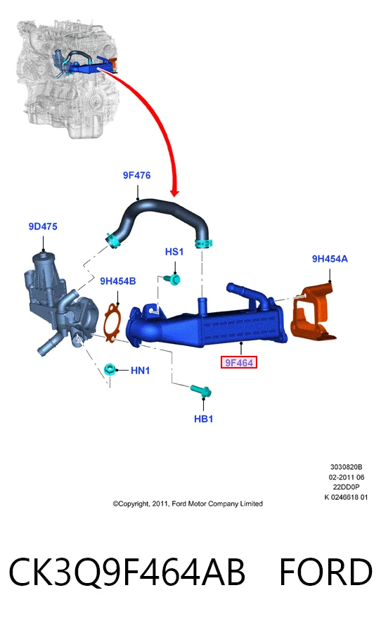CK3Q9F464AB Ford Радіатор системи EGR рециркуляції вихлопних газів
