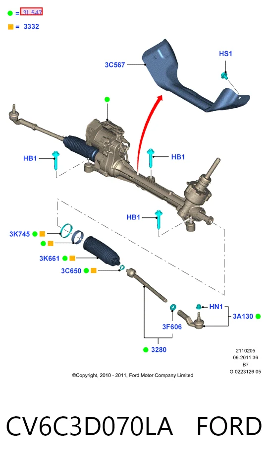 CV6C3D070LA Ford Рейковий рульовий механізм