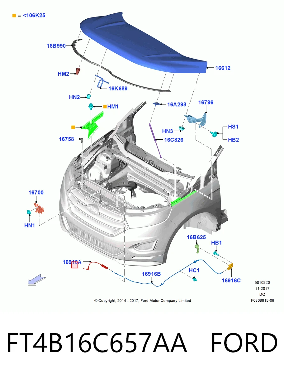 FT4B16C657AA Ford Трос відкриття капота, передній