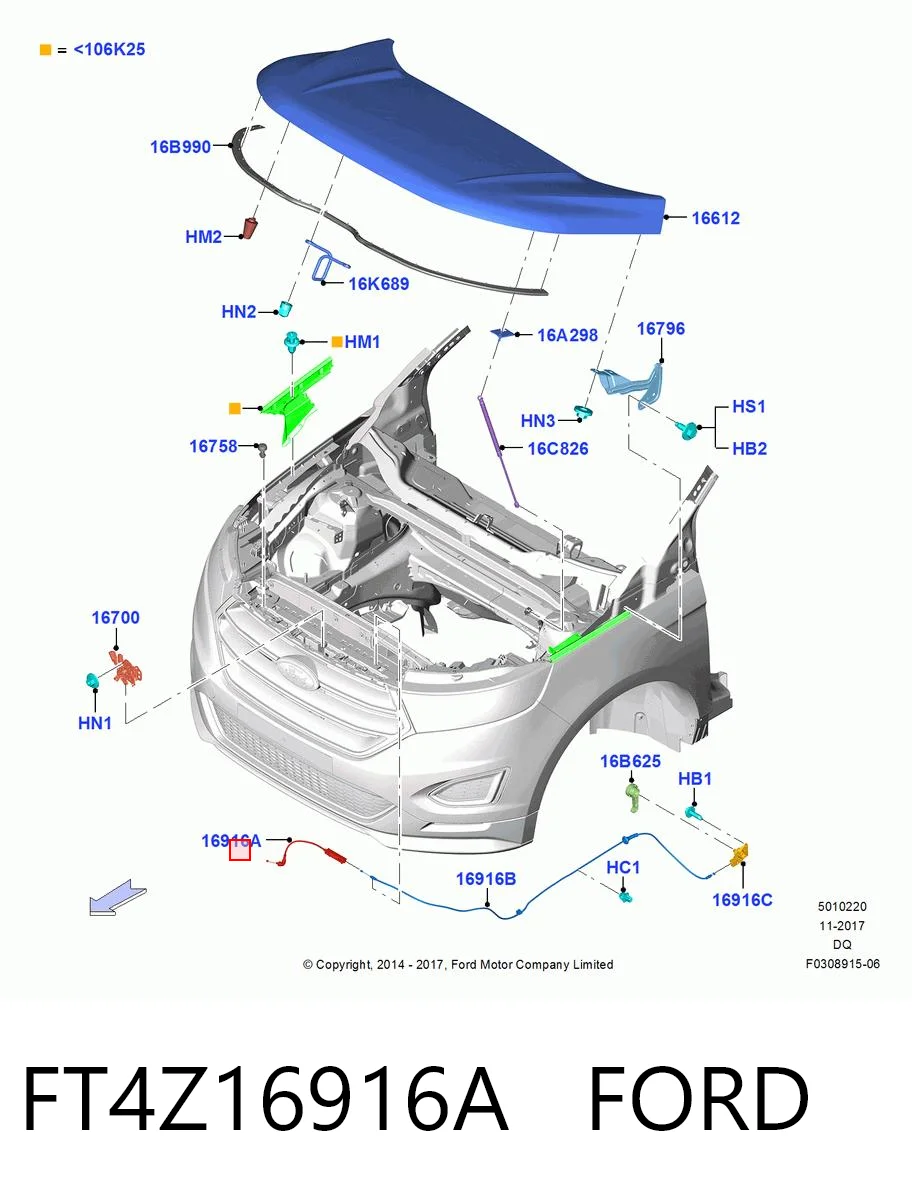 FT4Z16916A Ford Трос відкриття капота, передній