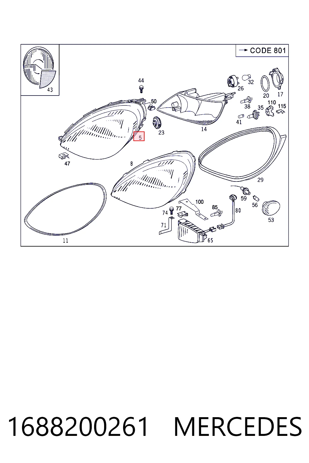 Основна фара - вставка на Mercedes A  W168