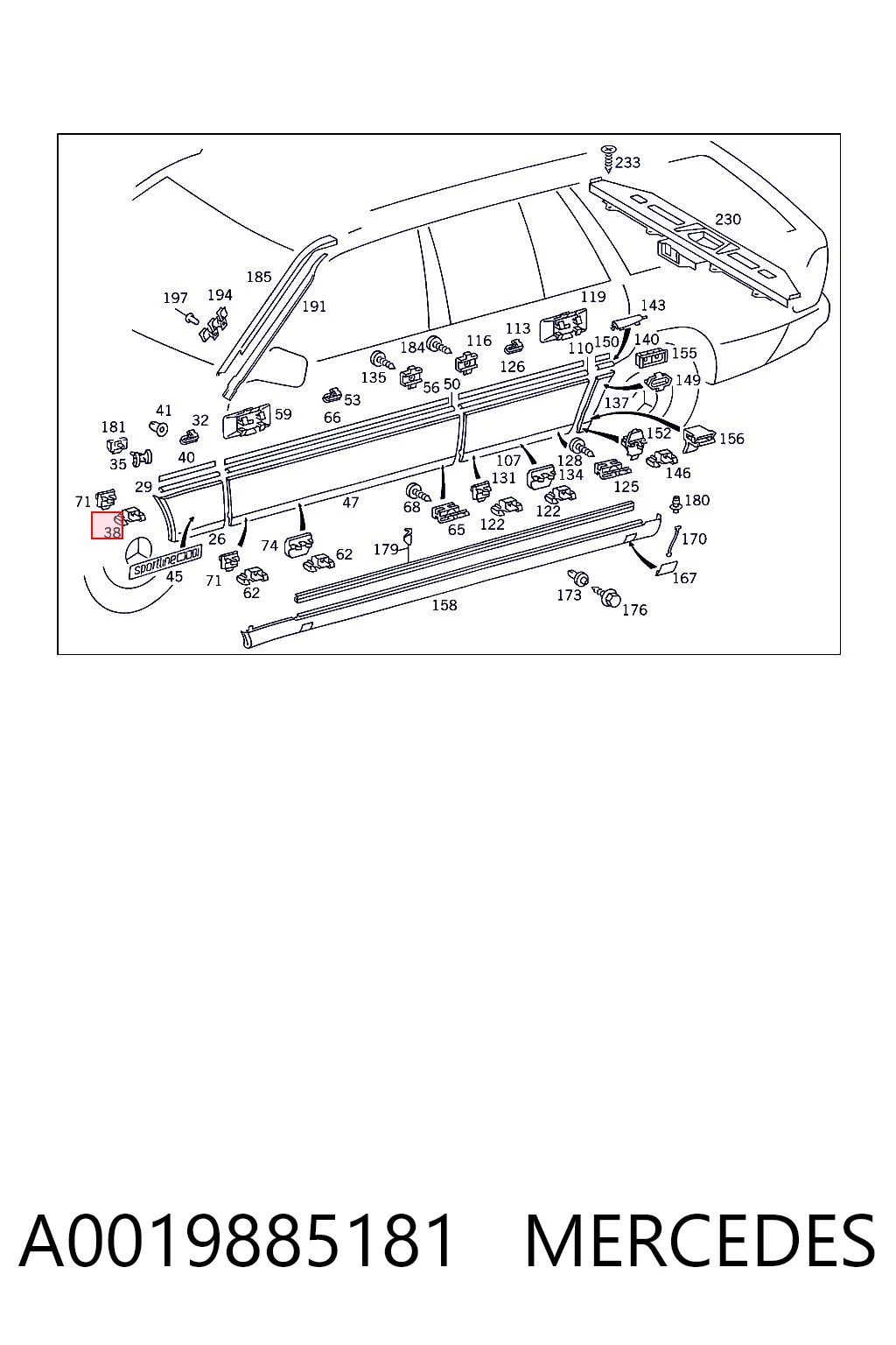 A0019885181 Mercedes Пістон (кліп) кріплення підкрилки переднього крила