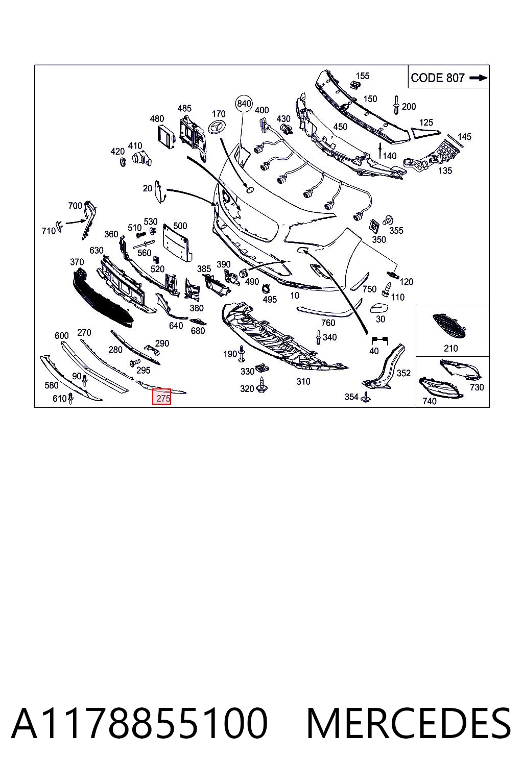A1178855100 Mercedes Молдинг переднього бампера, правий