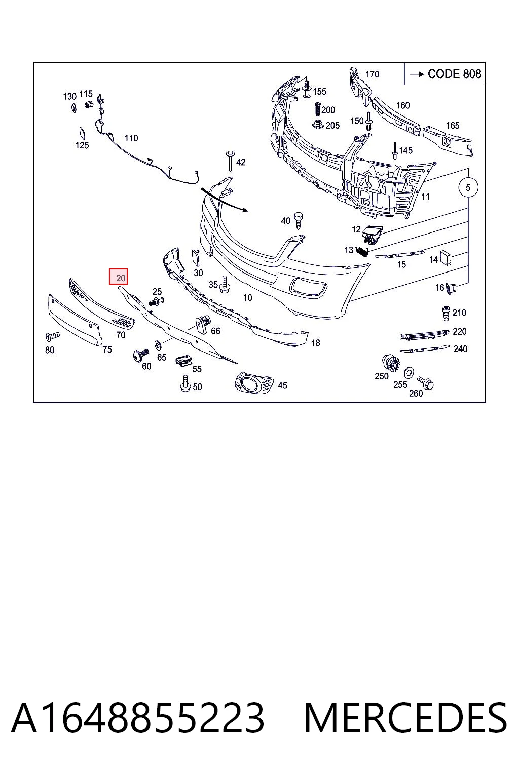 A1648855223 Mercedes Молдинг бампера переднього, центральний