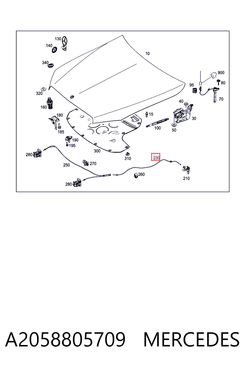 A2058805709 Mercedes Трос відкриття капота, задній