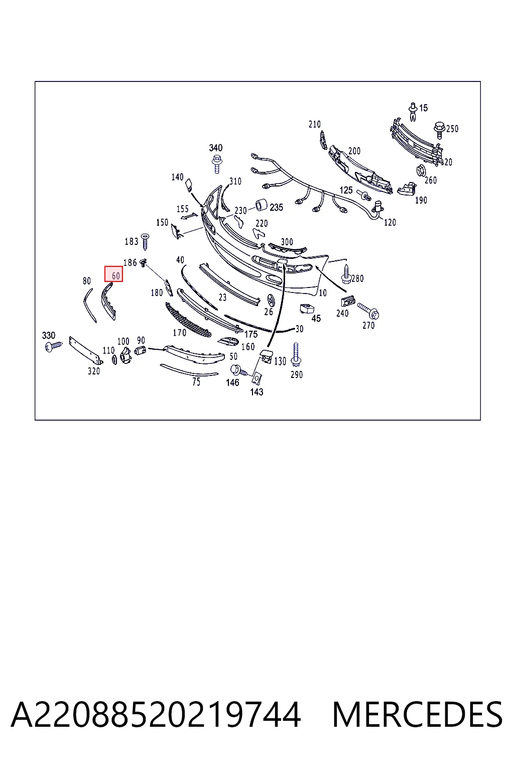 Накладка бампера переднього, права Mercedes A2208852021 ціна, від 11.00 USD