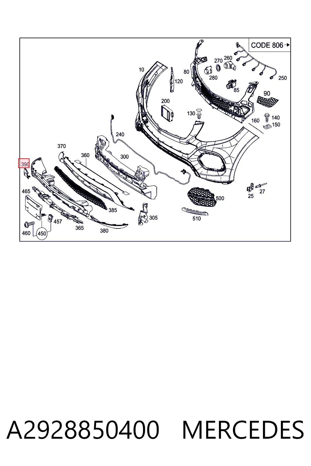 A2928850400 Mercedes Накладка бампера переднього, права