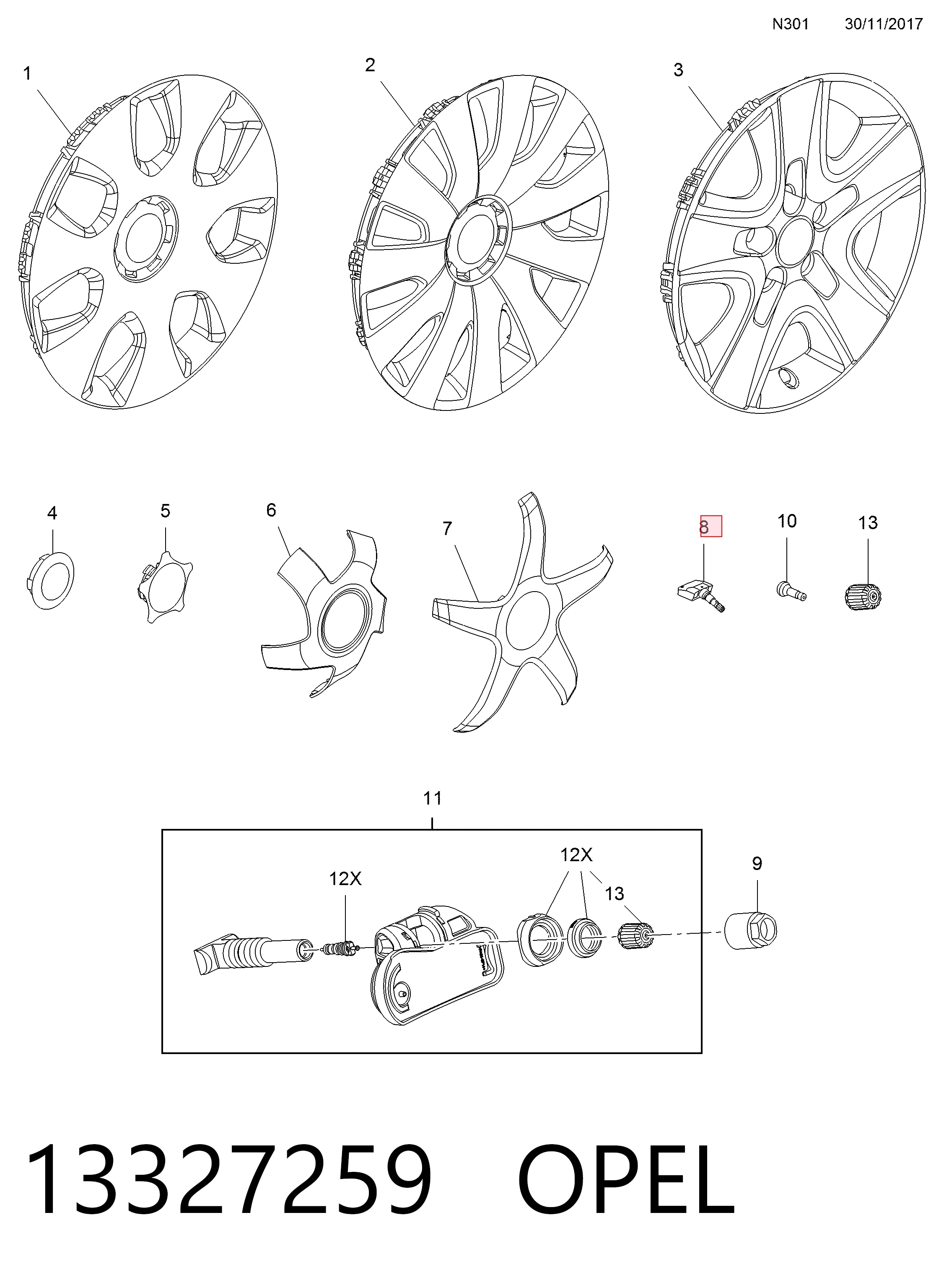 13327259 Opel Датчик шин