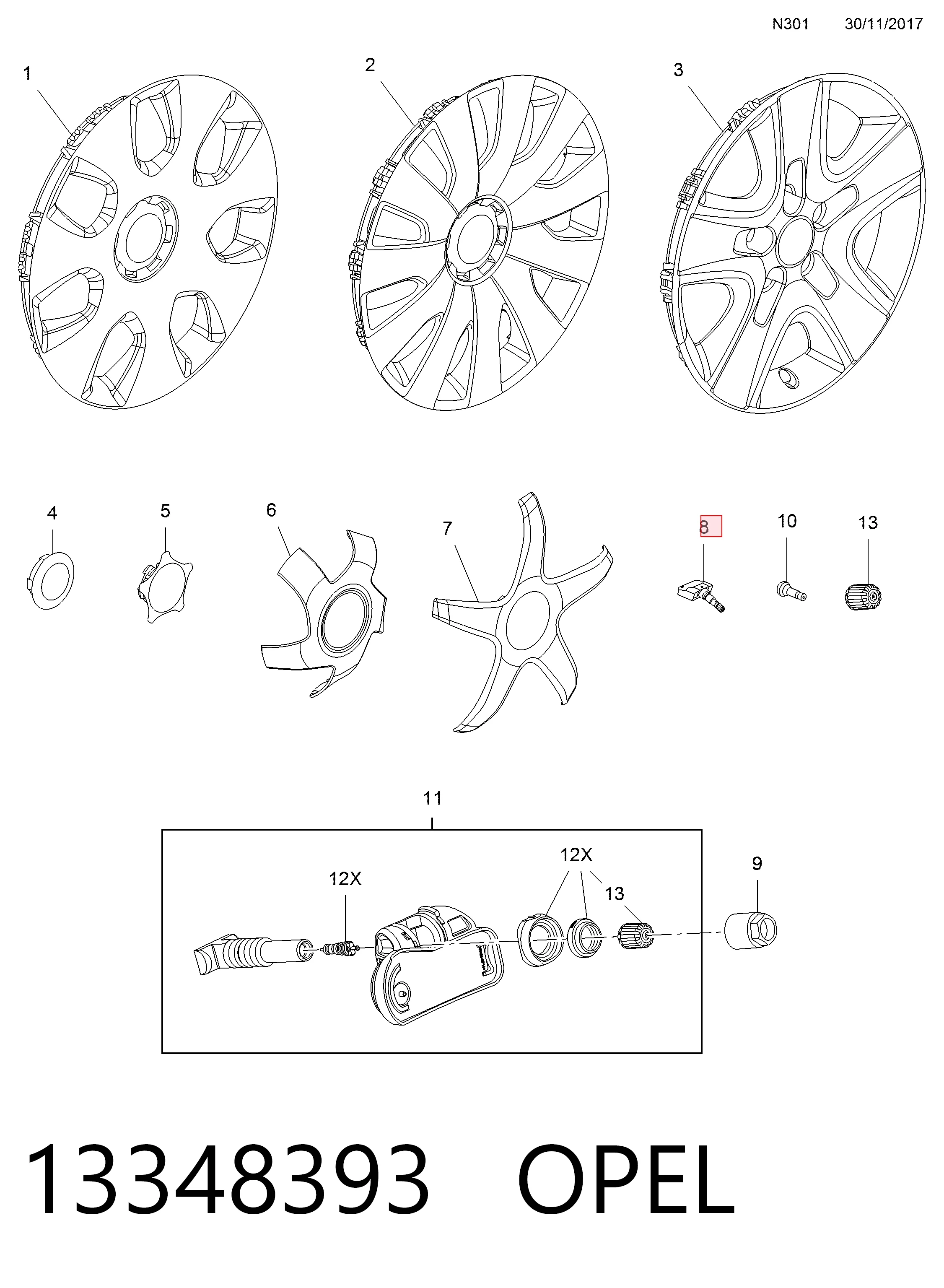13348393 Opel Датчик шин