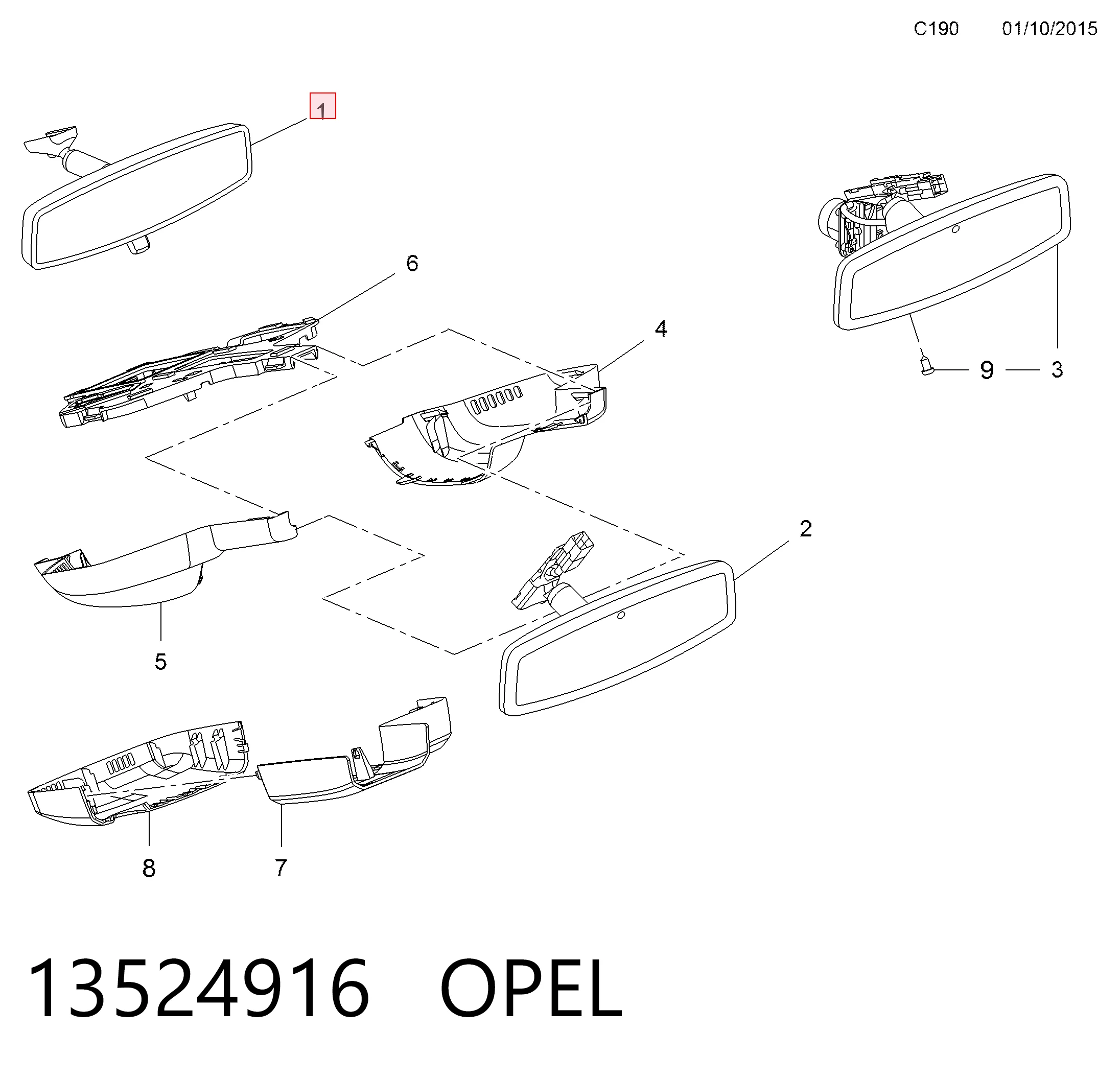 Салоне дзеркало заднього виду на Opel Mokka I J13