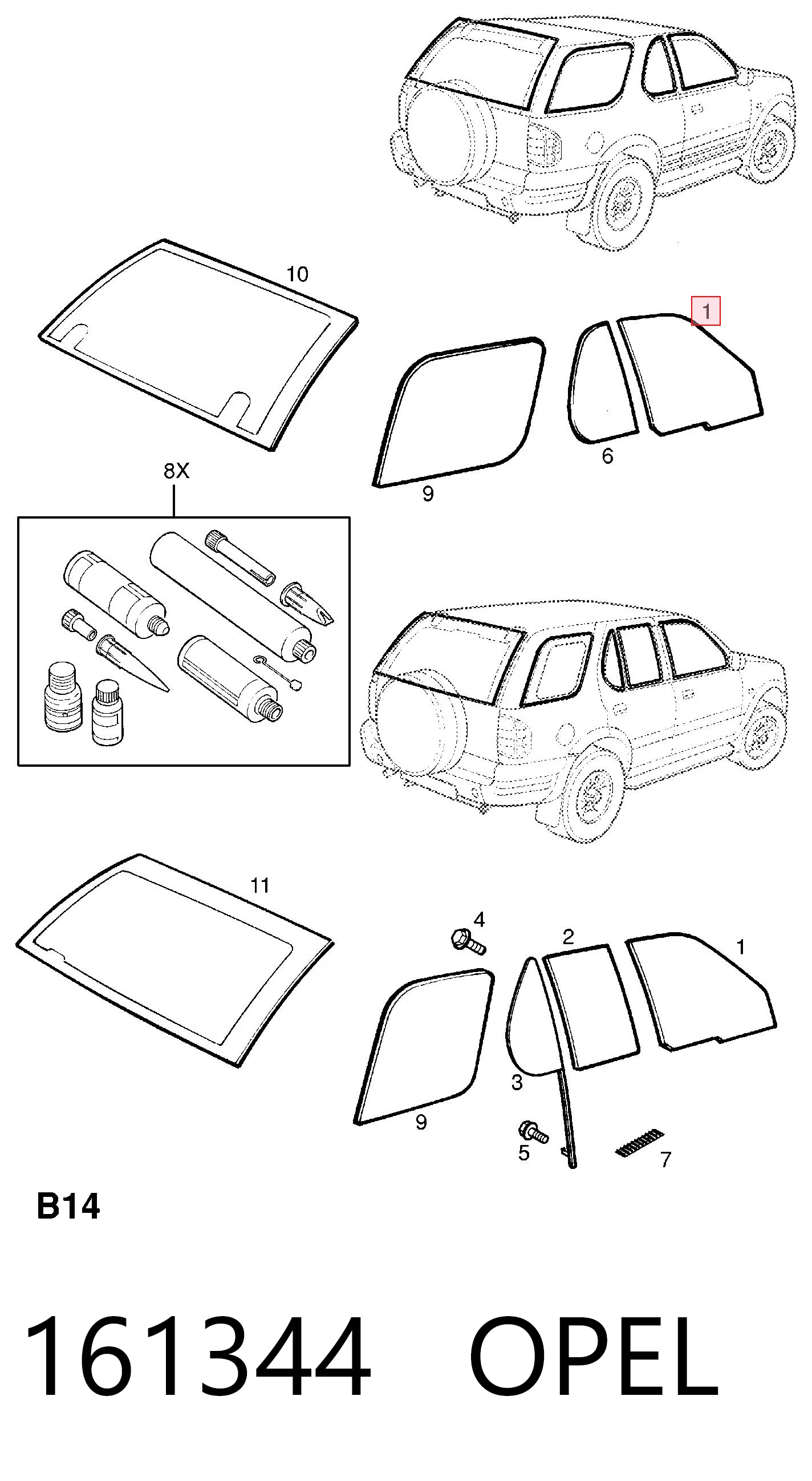 161344 Opel Скло передніх дверей, правих