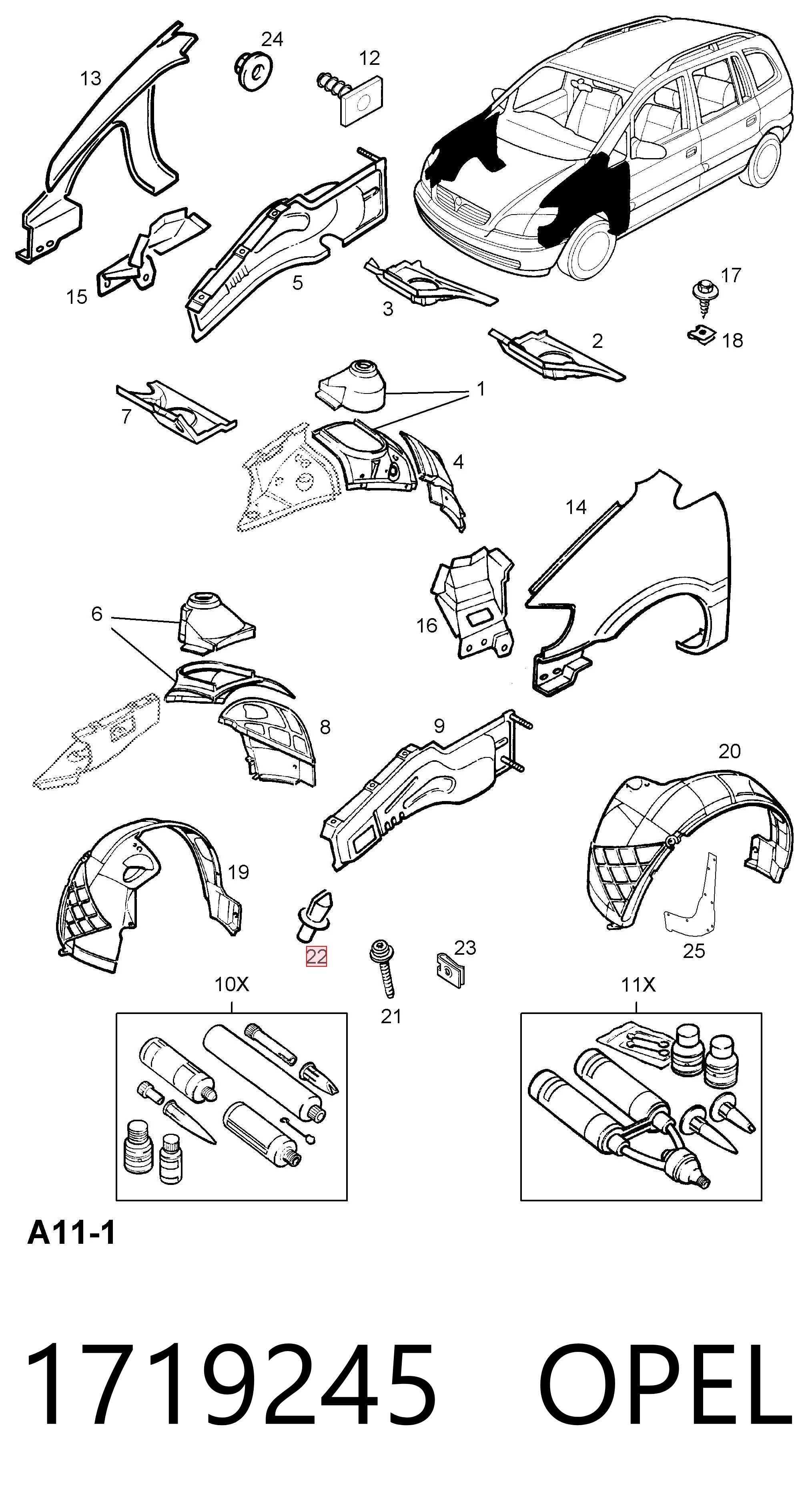 1719245 Opel Пістон (кліп) кріплення підкрилки переднього крила