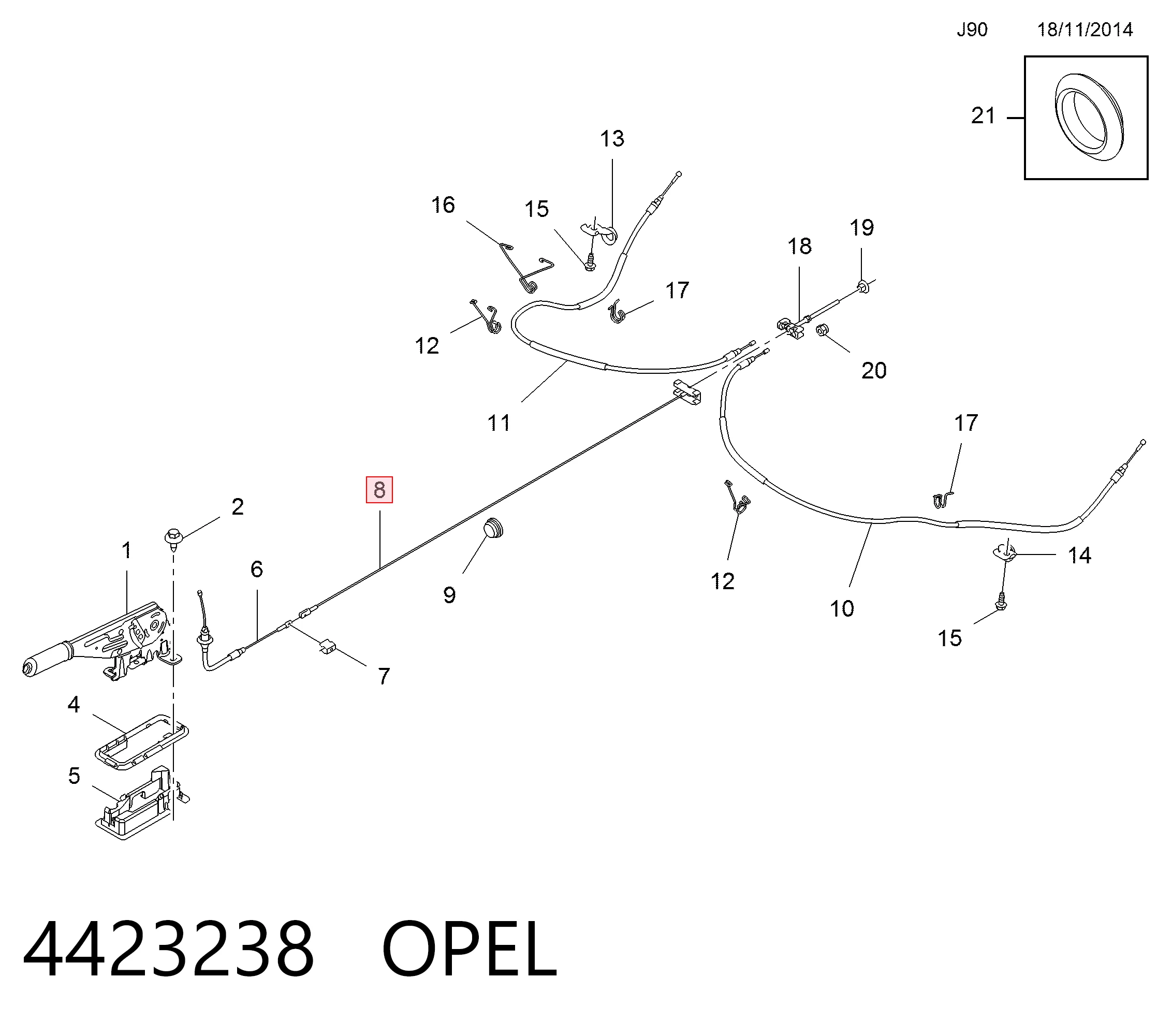 93868404 Opel Трос стоянкового гальма проміжний