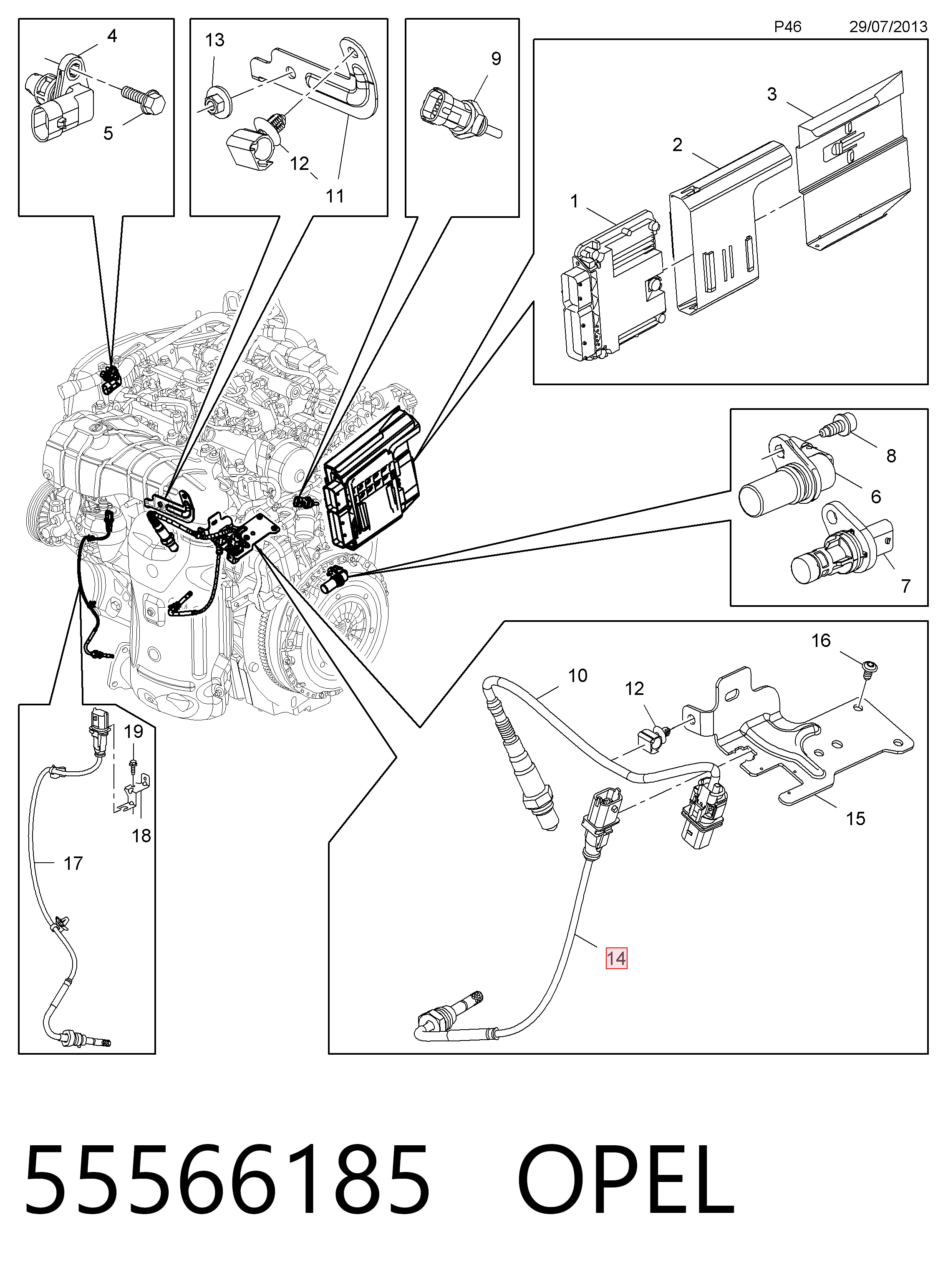55566185 Opel Датчик температури відпрацьованих газів (ВГ), в каталізаторі
