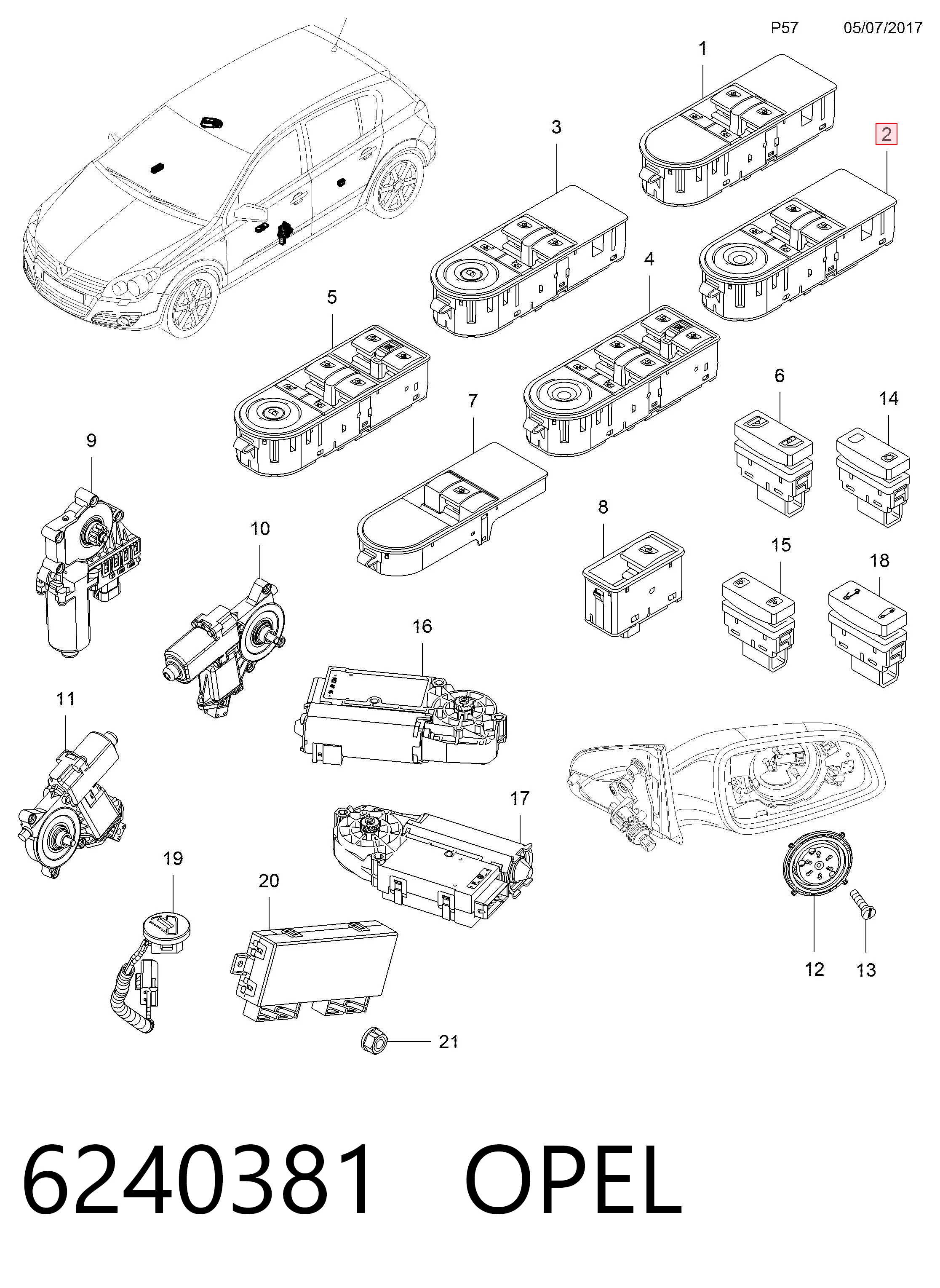 6240381 Opel Кнопки переднього лівого склопід'ємника