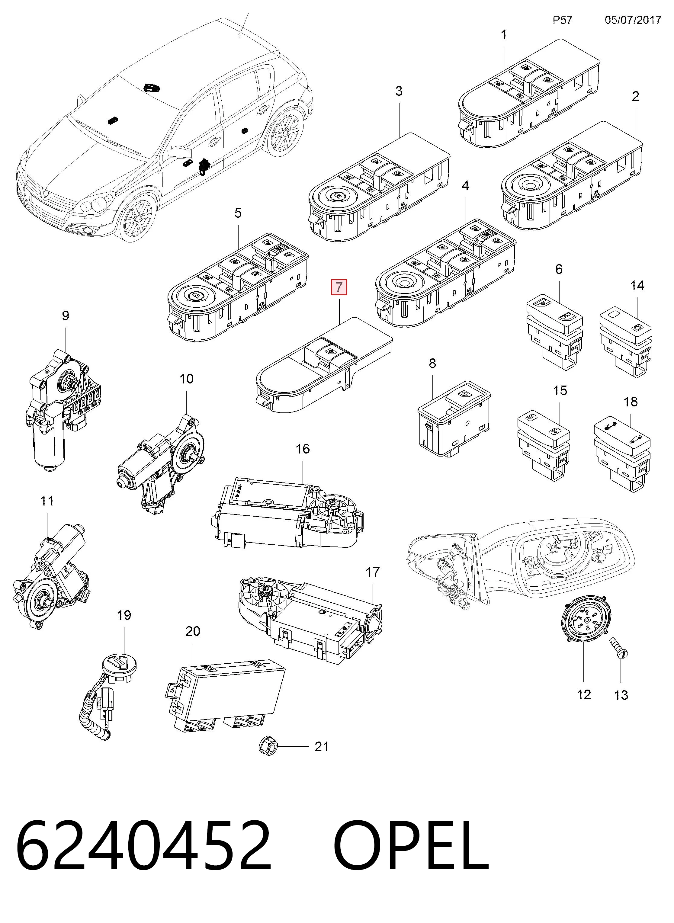 6240452 Opel Кнопковий блок керування склопідіймачами передній правий