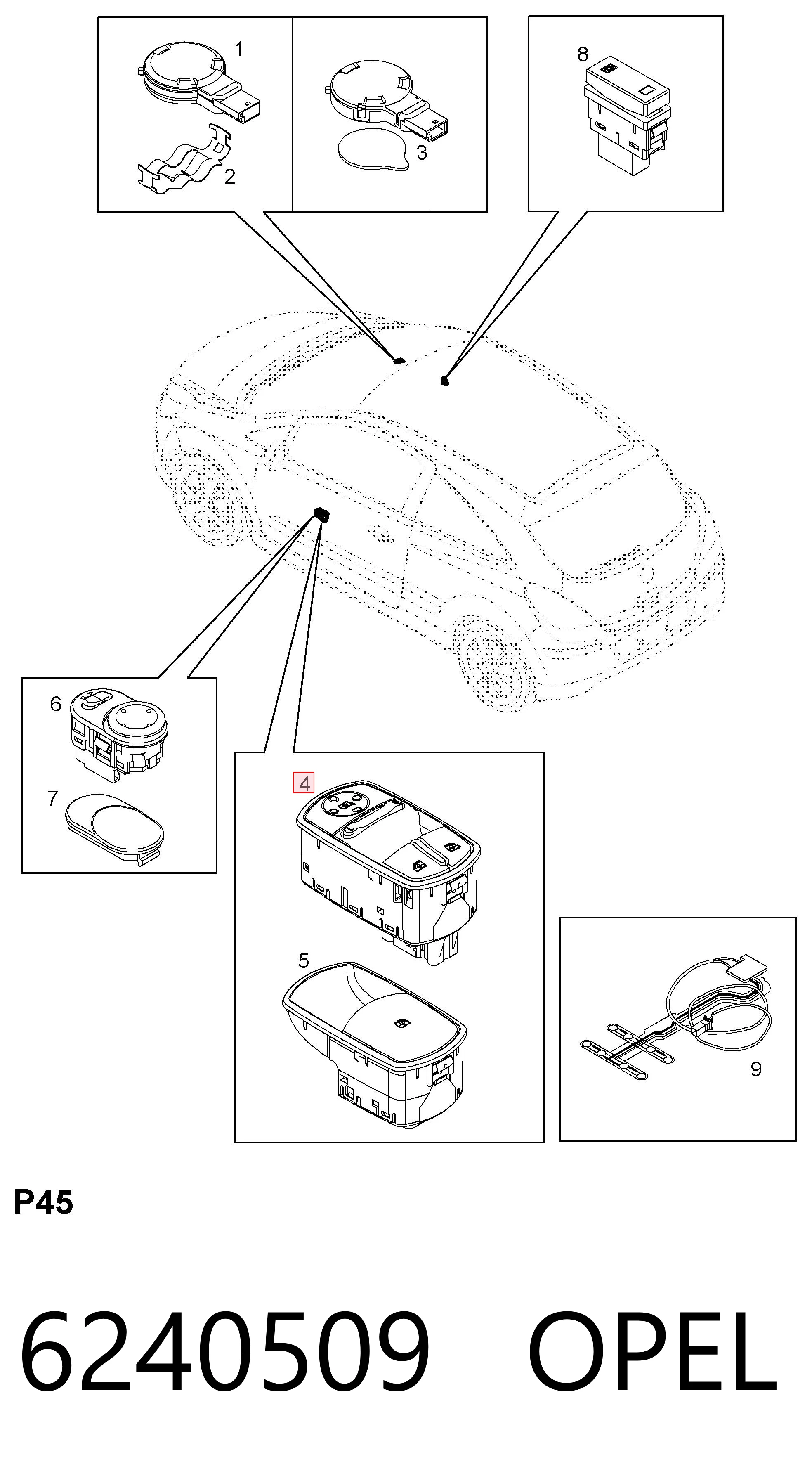 6240509 Opel Кнопковий блок керування склопідіймачами передній правий
