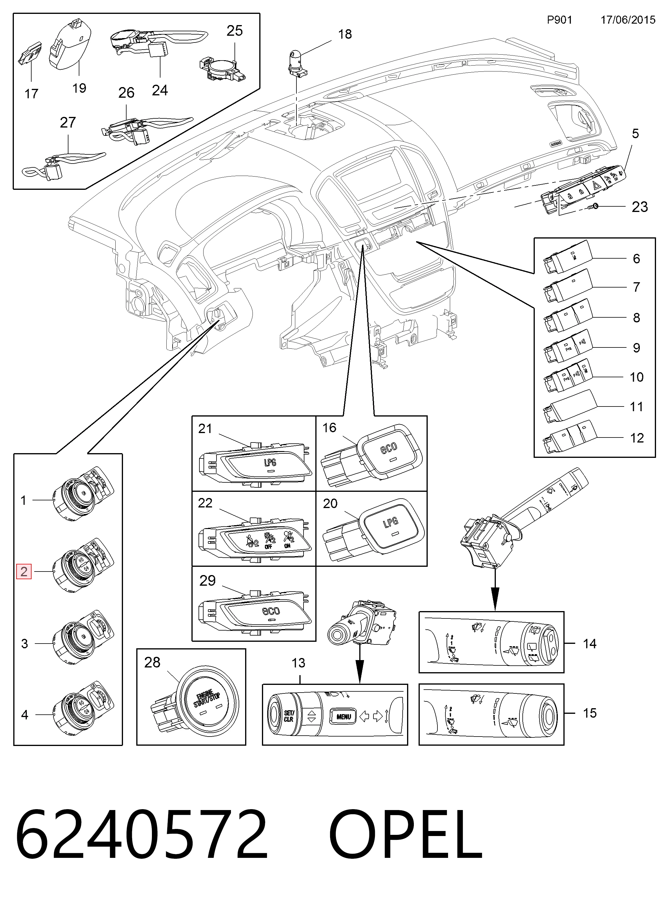 13268720 Peugeot/Citroen Перемикачі електричні (перемикач світла центральний)