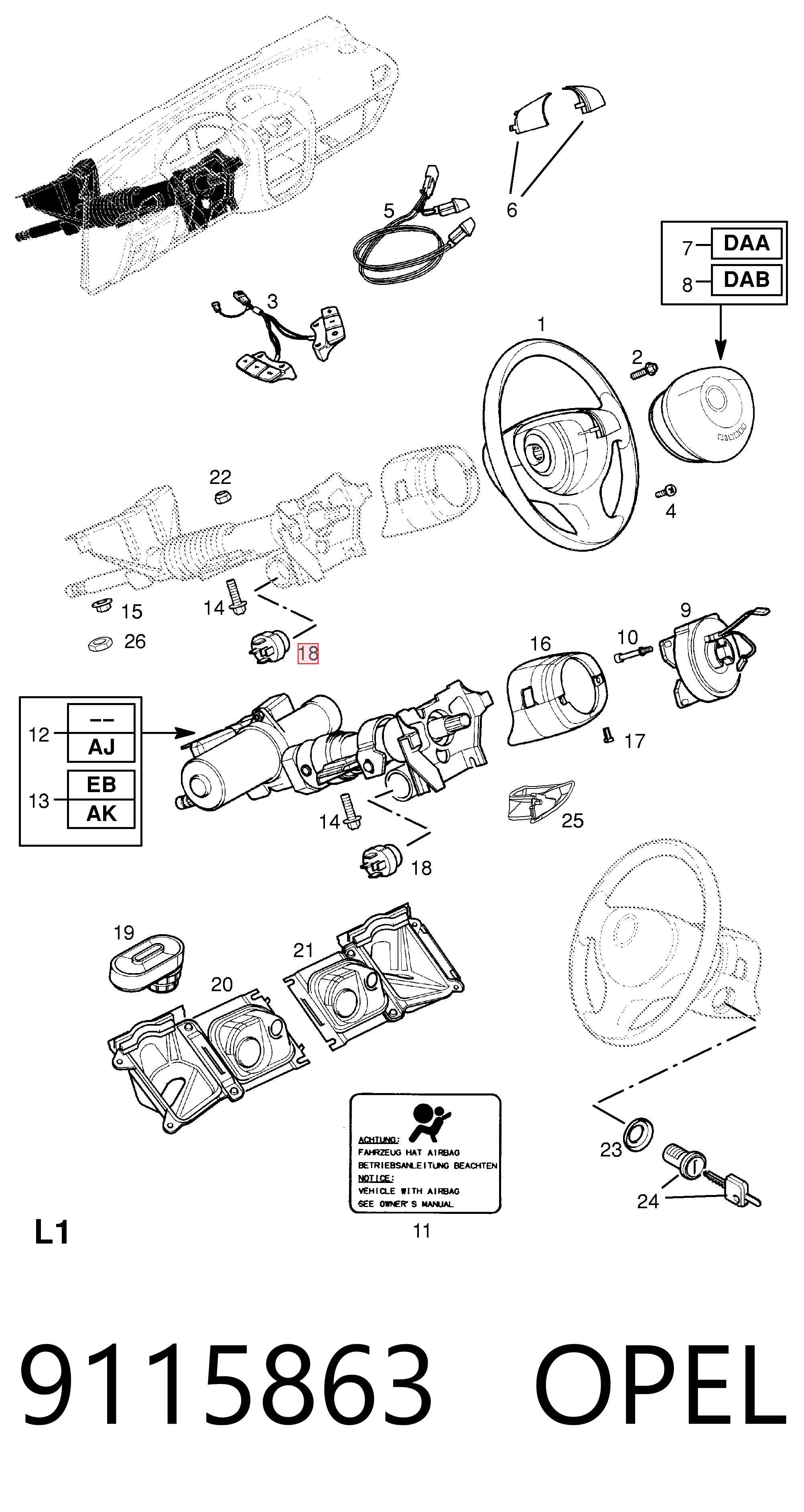 9115863 Opel Контактна група замка