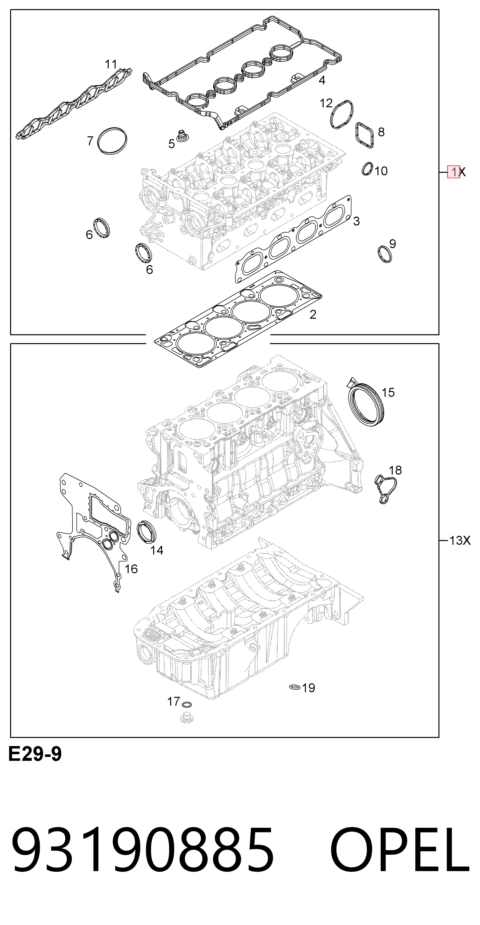 Комплект прокладок двигуна, верхній General Motors 93190885