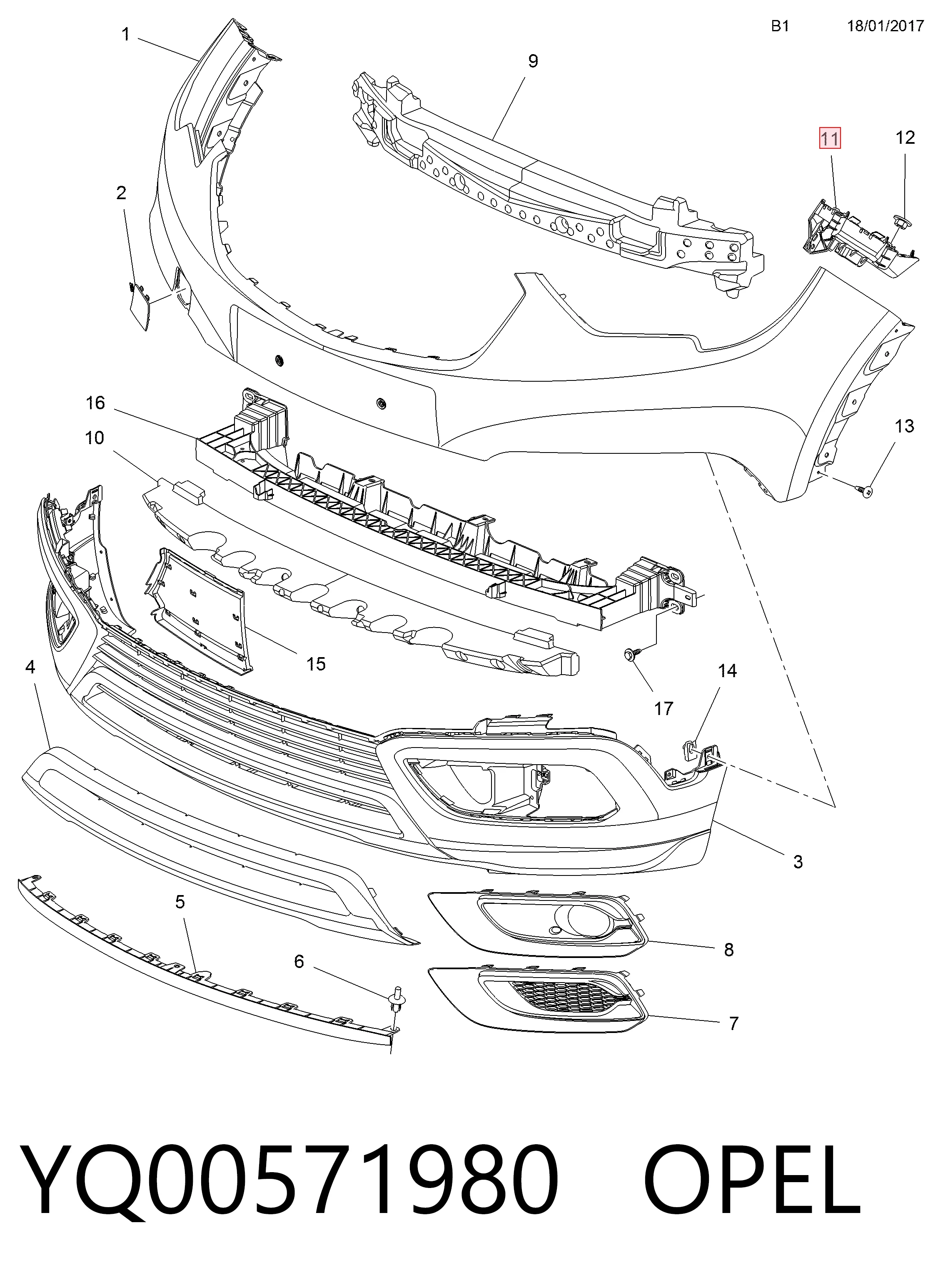 Купити YQ00571980 Peugeot/Citroen Кронштейн бампера переднього, лівий