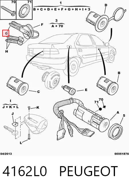 4162L0 Peugeot/Citroen Замок дверей і запалювання з ключами, комплект