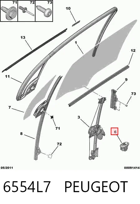 6554L7 Peugeot/Citroen Кнопка підйомника переднього правого скла