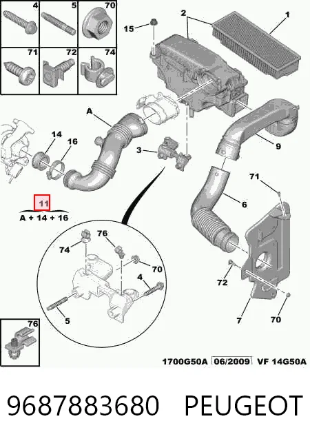 9687883680 Peugeot/Citroen Патрубок повітряний, вихід повітряного фільтра