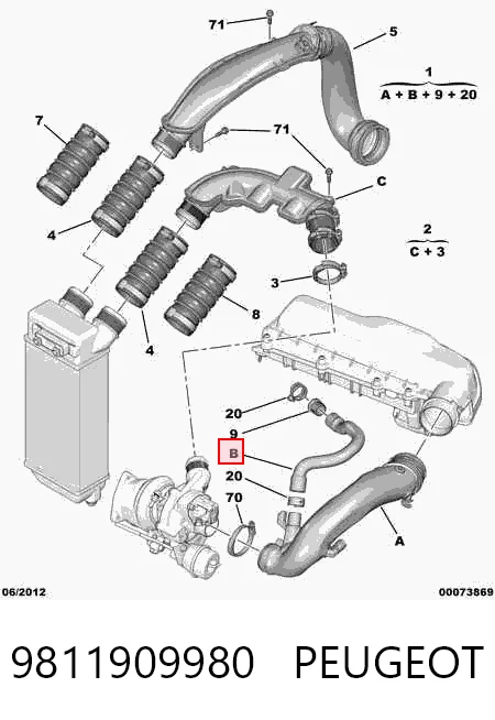 9811909980 Peugeot/Citroen Патрубок повітряний, вхід в турбіну (наддув)