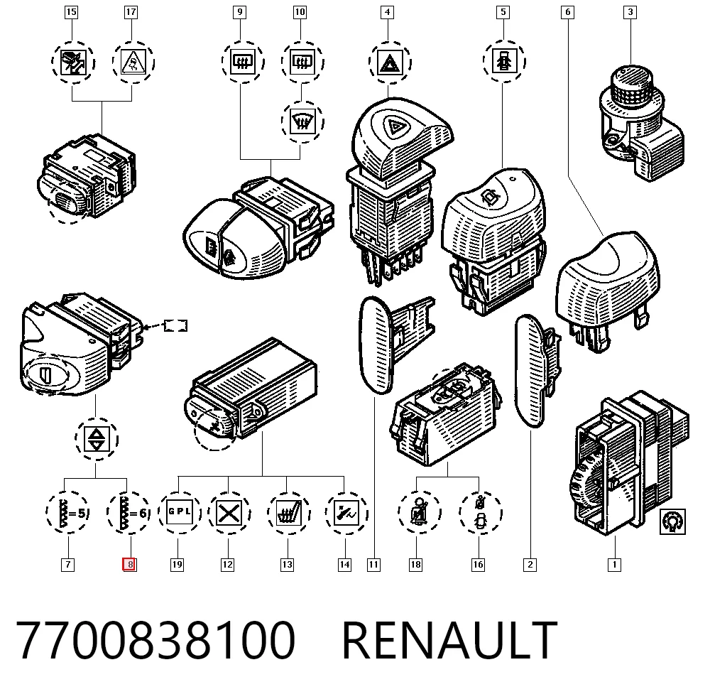 7700838100 Renault (RVI) Кнопковий блок керування склопідіймачами передній правий