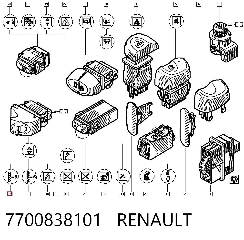 7700838101 Renault (RVI) Кнопка підйомника переднього правого скла