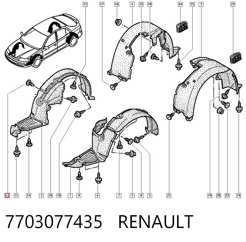7703077435 Renault (RVI) Пістон (кліп) кріплення підкрилки переднього крила
