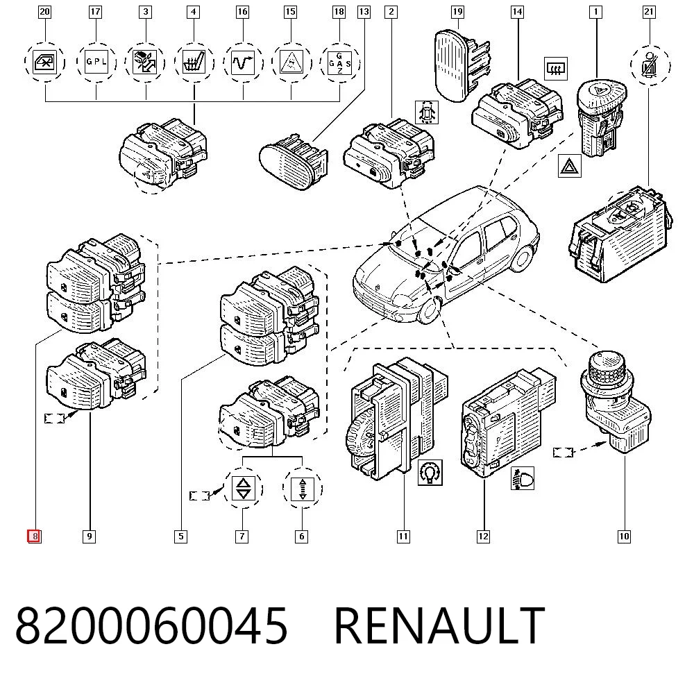 8200060045 Renault (RVI) Кнопки переднього лівого склопід'ємника