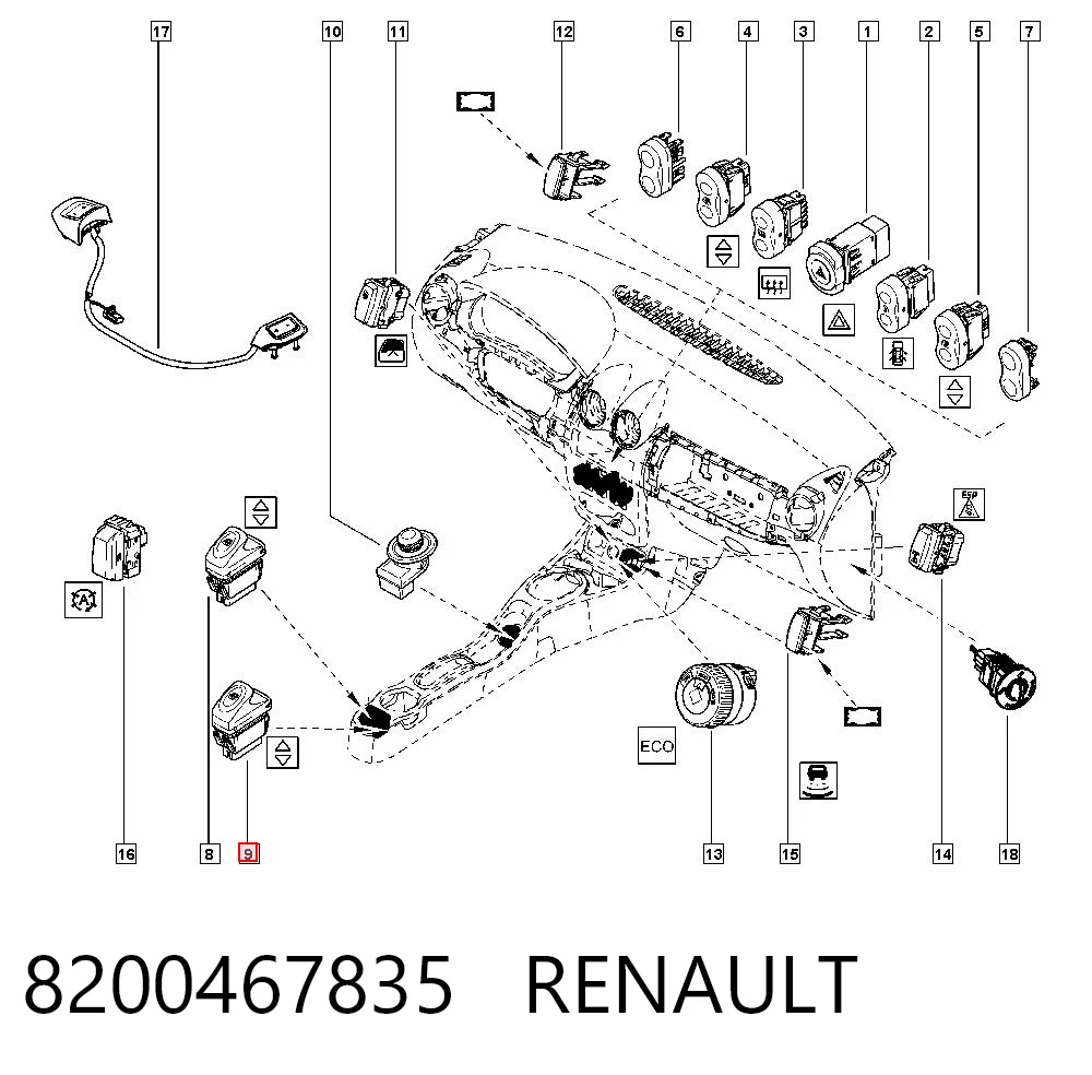 8200467835 Renault (RVI) Кнопка підйомника заднього правого скла
