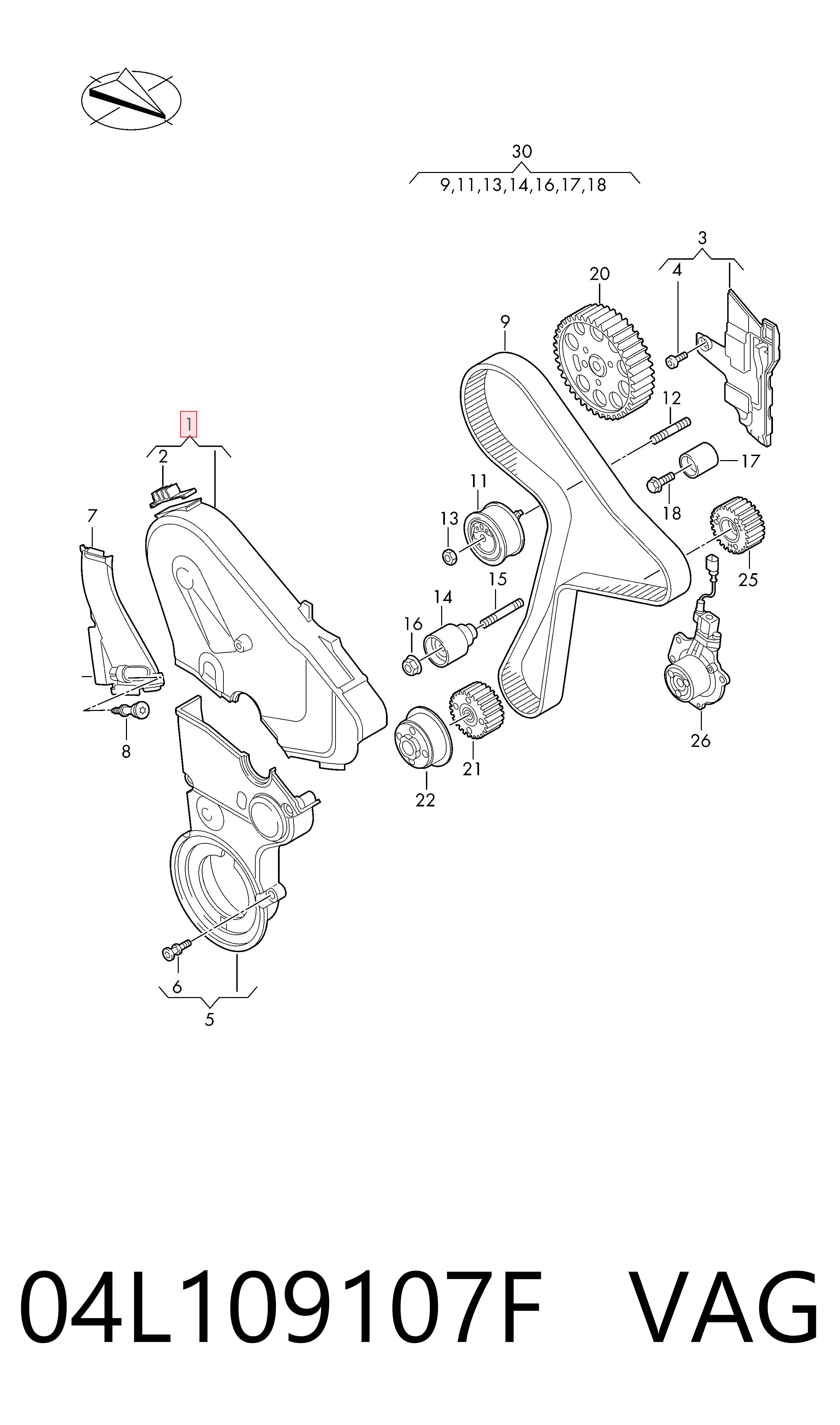 Захист ременя ГРМ, верхній VAG 04L109107F ціна, від 47.17 USD