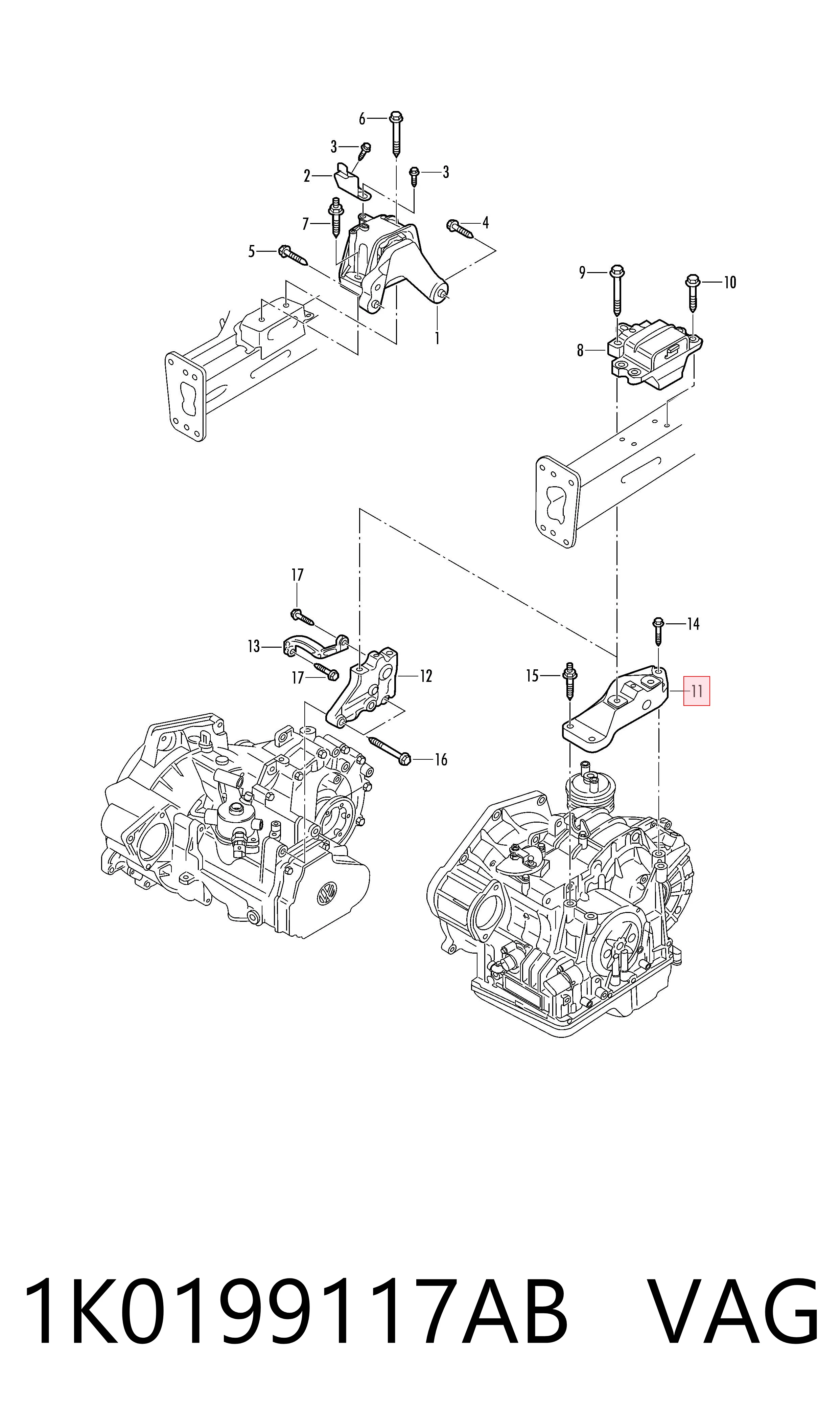 Кронштейн подушки (опори) двигуна, лівої VAG 1K0199117AB ціна, від 5.07 USD
