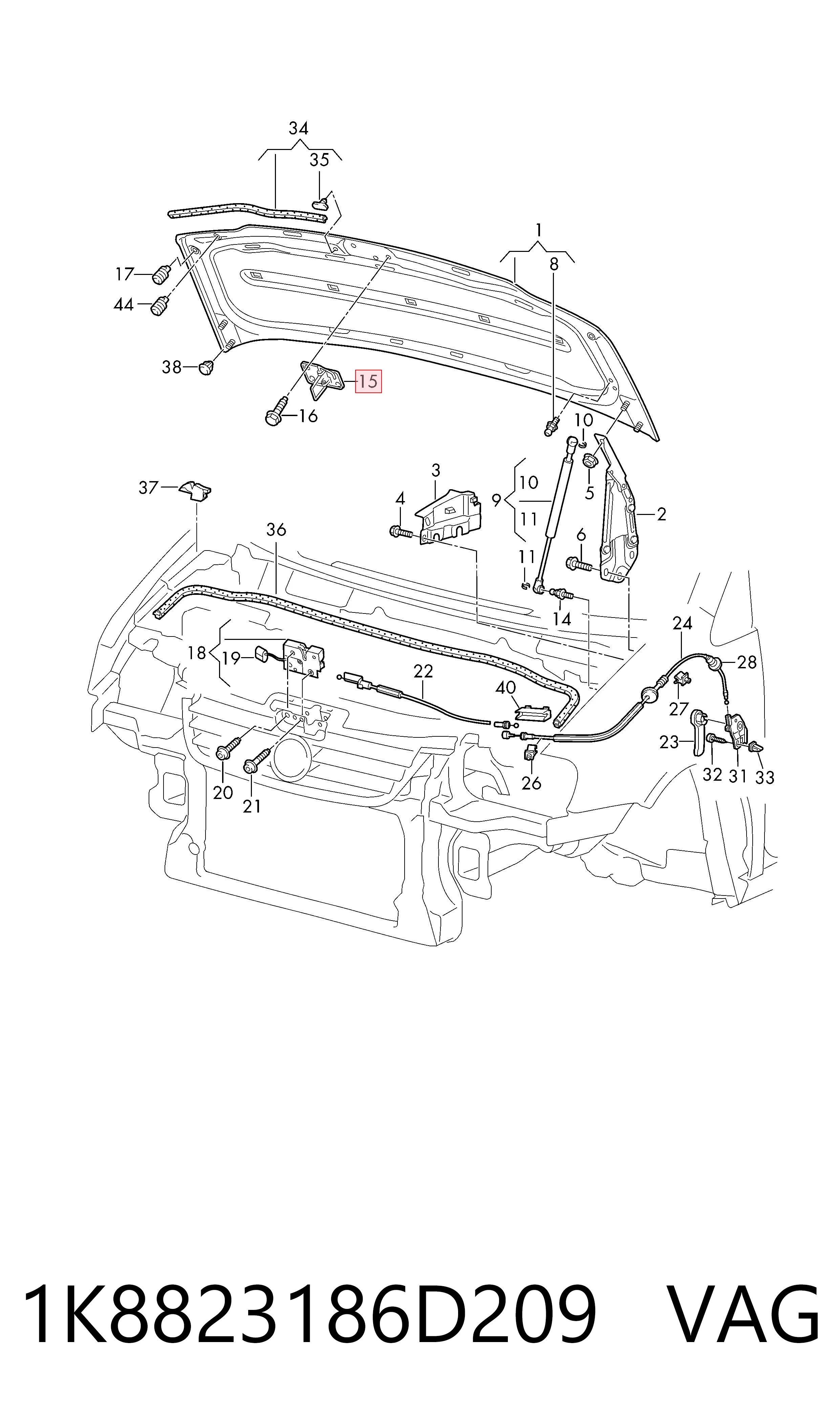 Запор капота (замок і привід замка капота) на Volkswagen Touran II 1T3