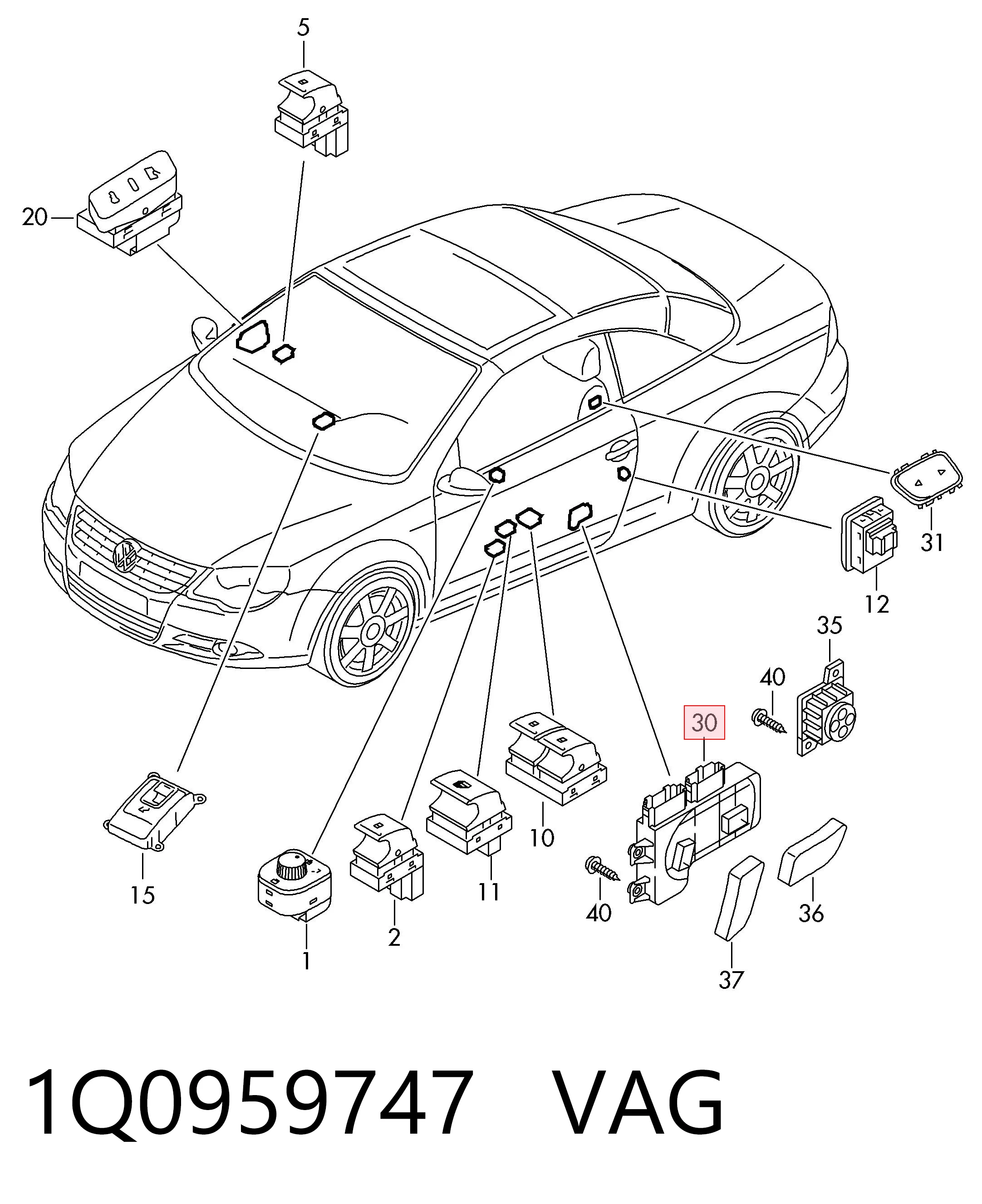 1Q0959747 VAG Блок кнопок механізму регулювання сидінь, лівий