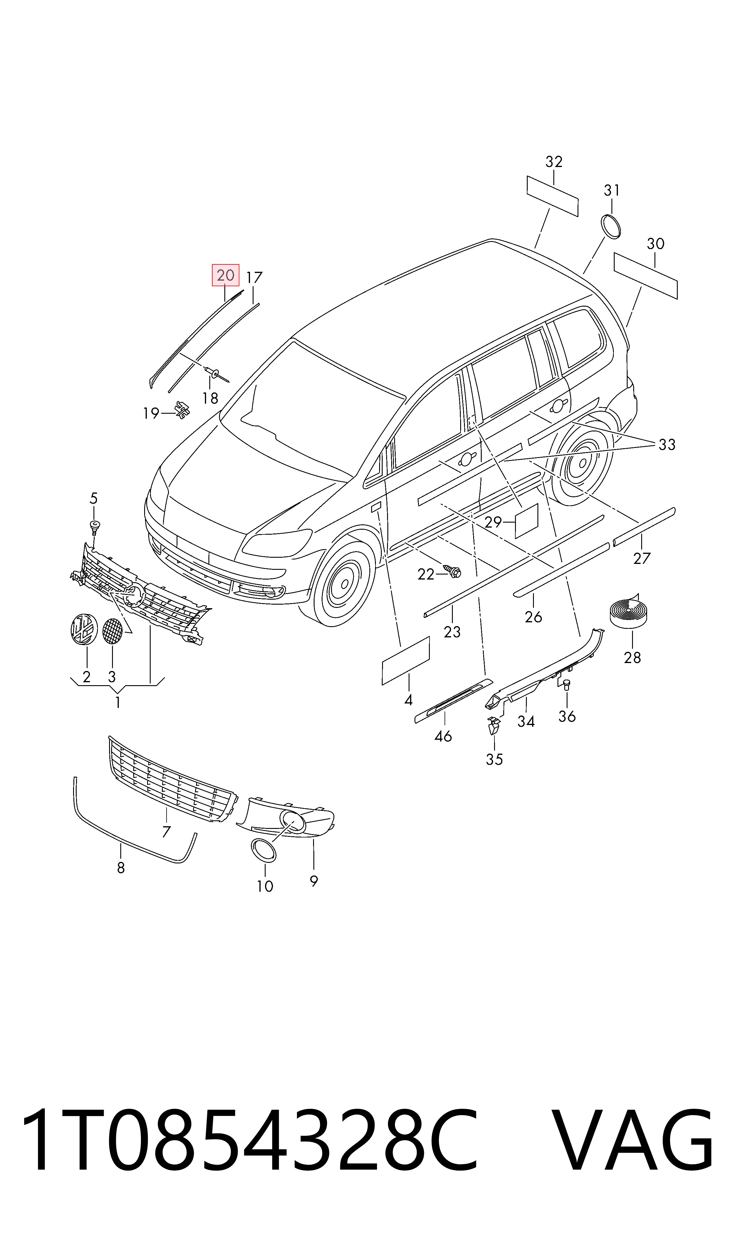 1T0854328C VAG Захисна накладка переднього скла права