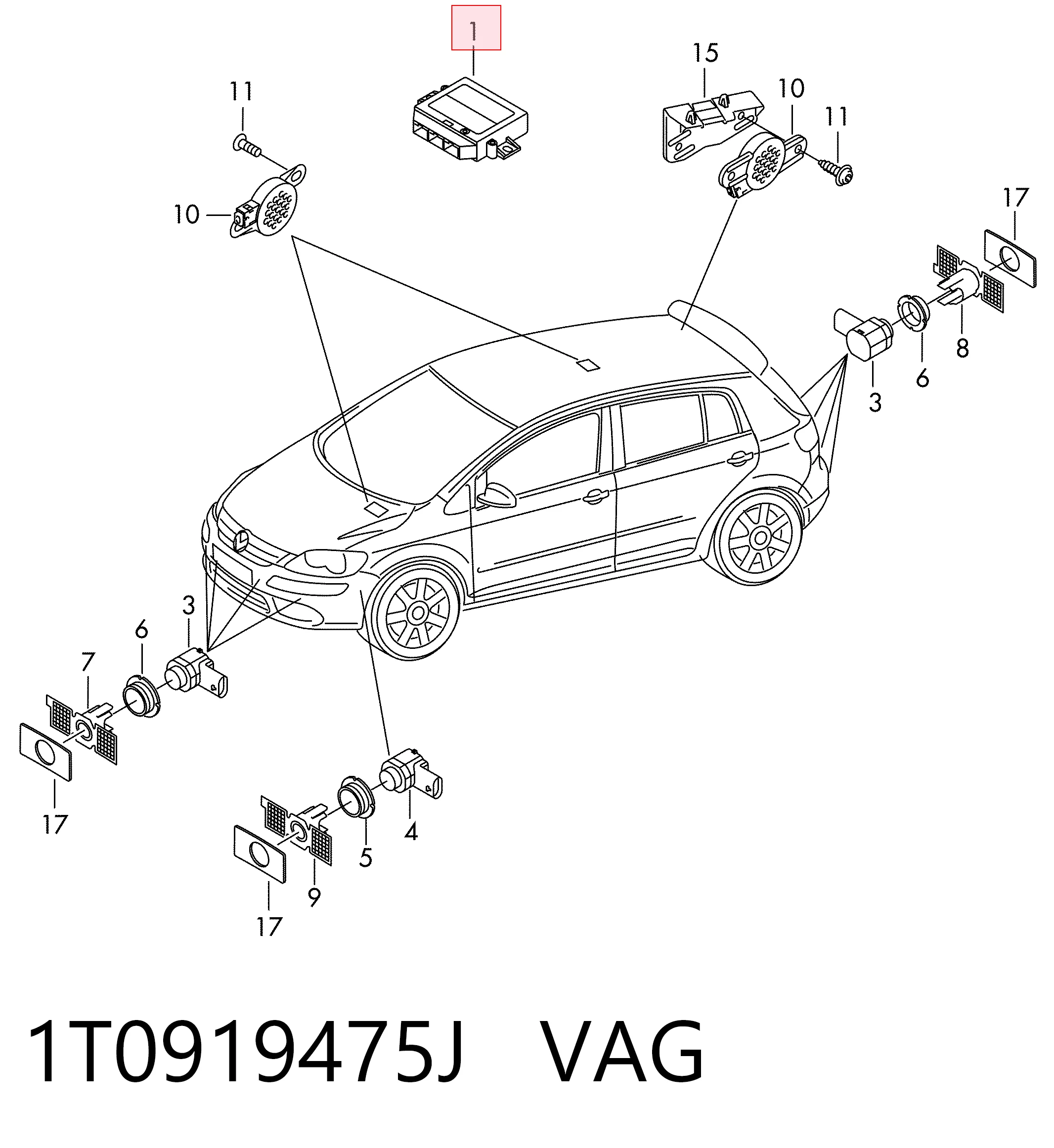 1T0919475J VAG Модуль (блок ЕБУ) управління парктроніком
