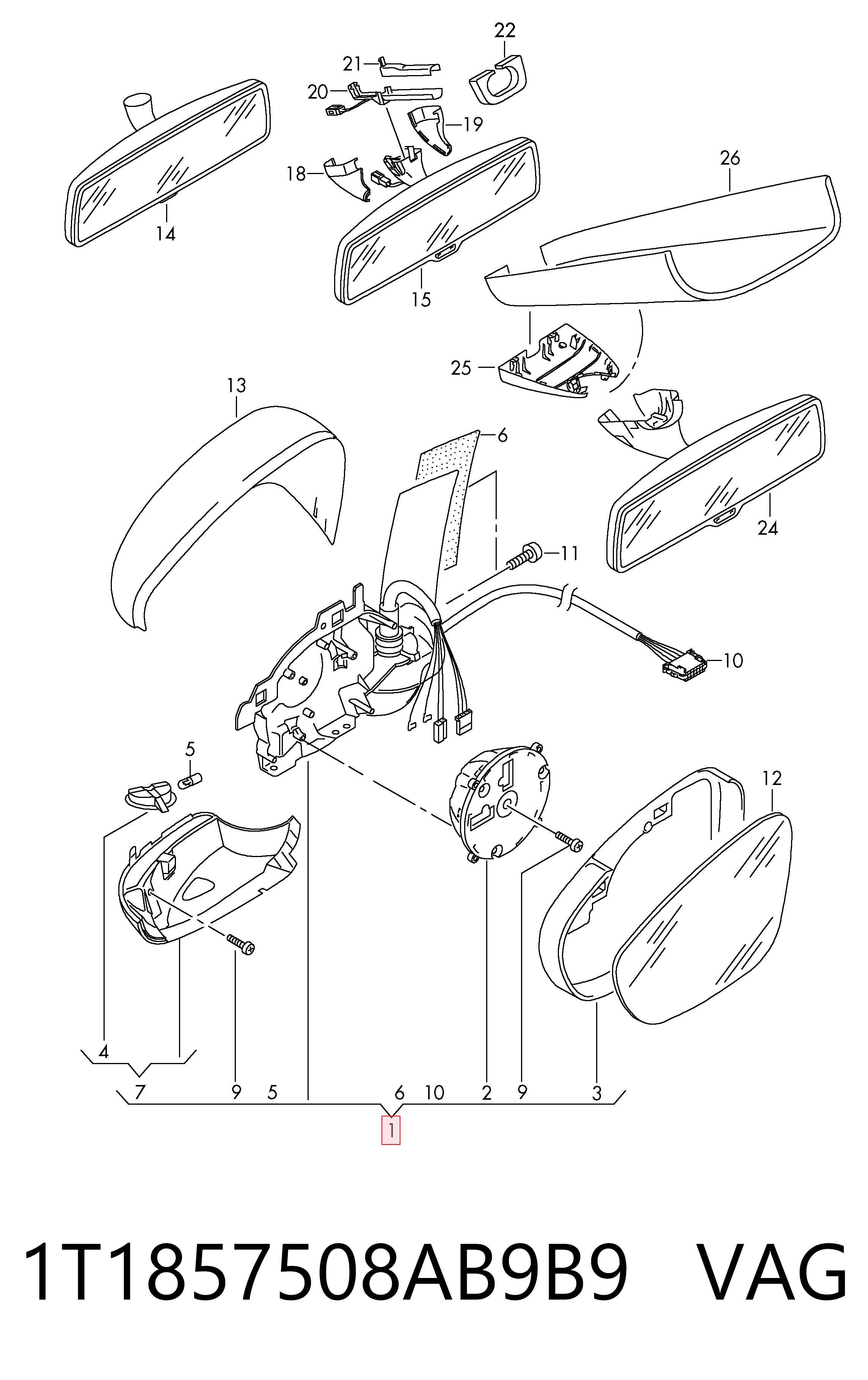 Праве бічне дзеркало VAG 1T1857508AB9B9 ціна, від 77.34 USD
