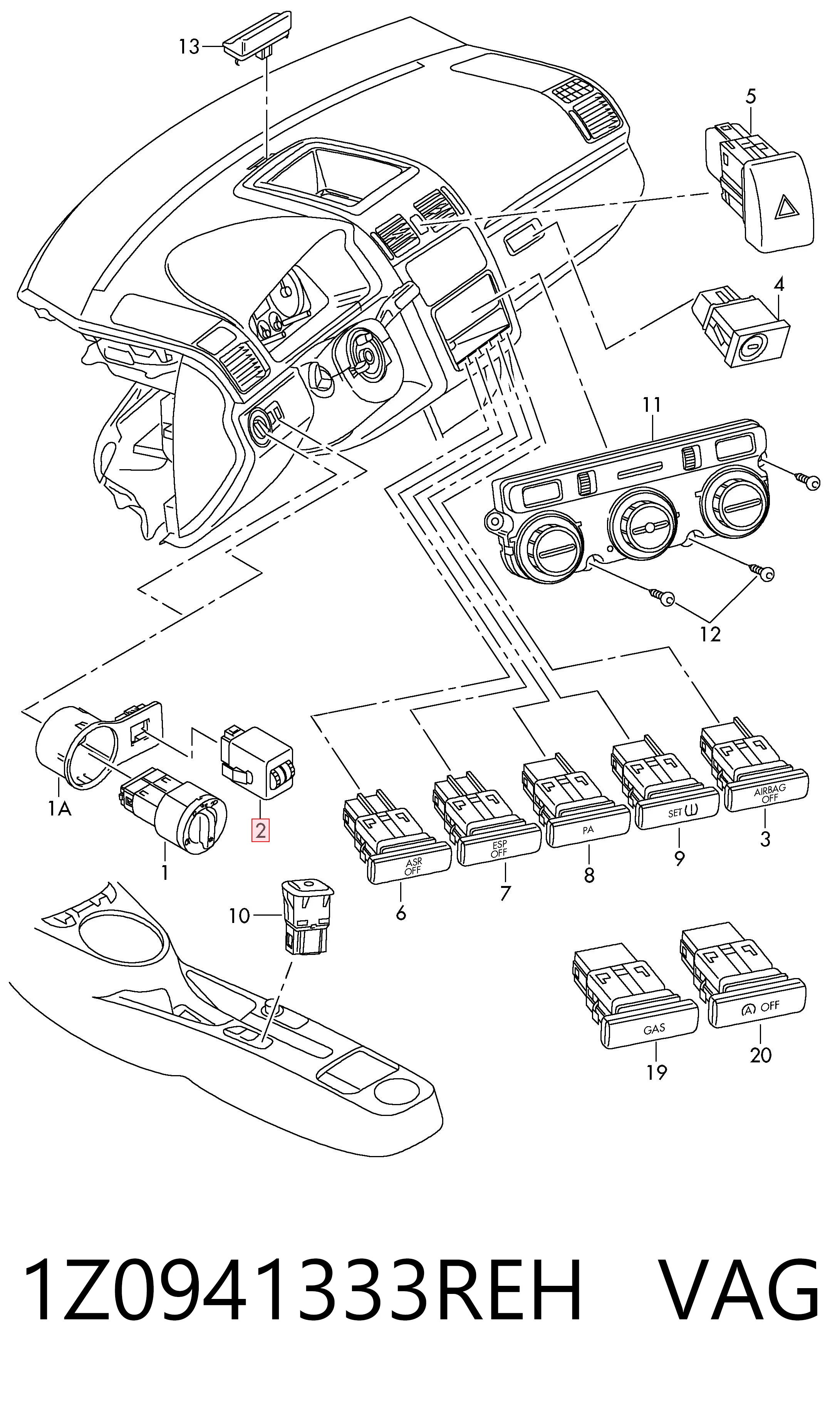 1Z0941333REH VAG Кнопка коректора фар