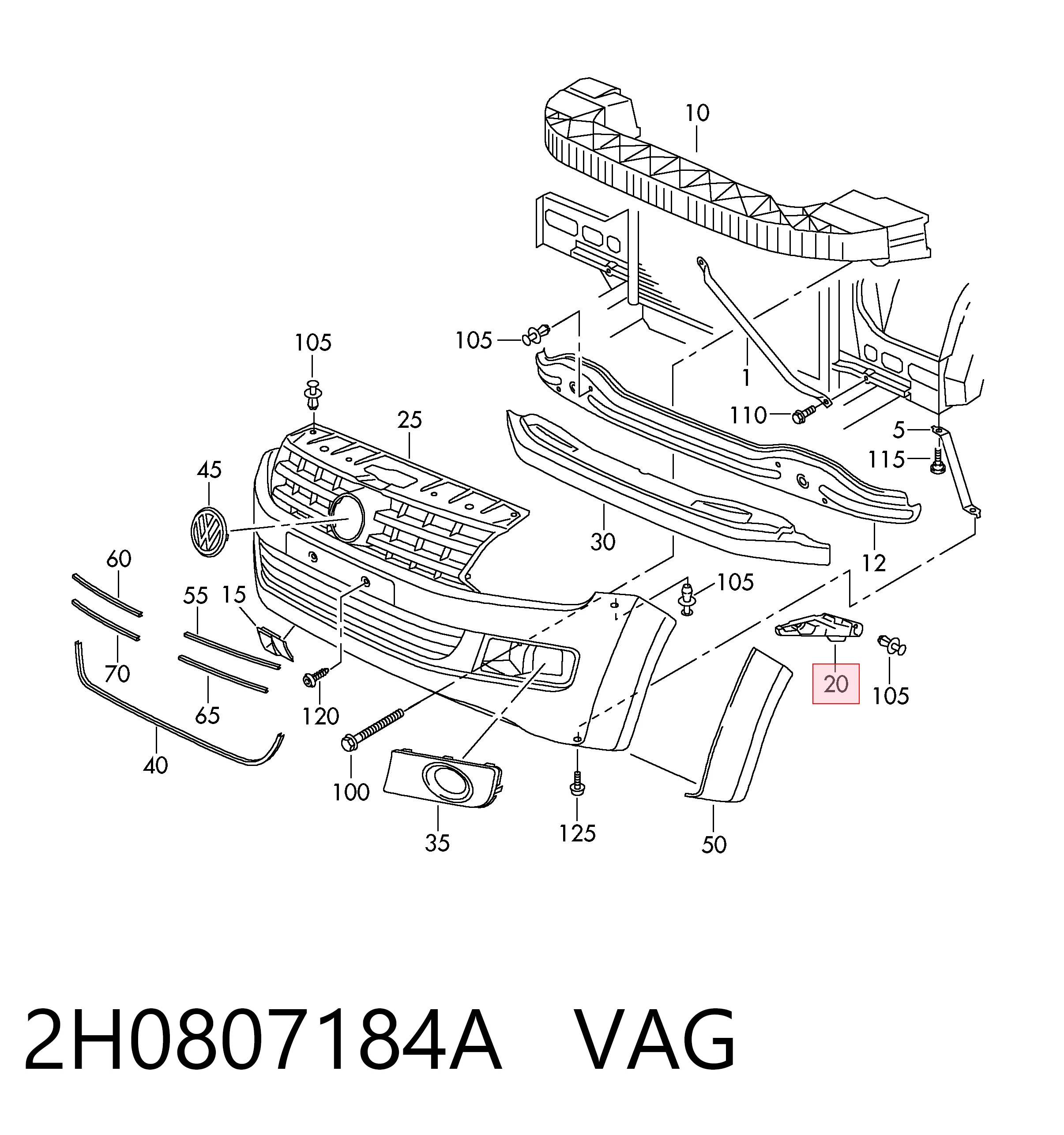 Праве кріплення переднього бампера VAG 2H0807184A ціна, від 9.51 USD